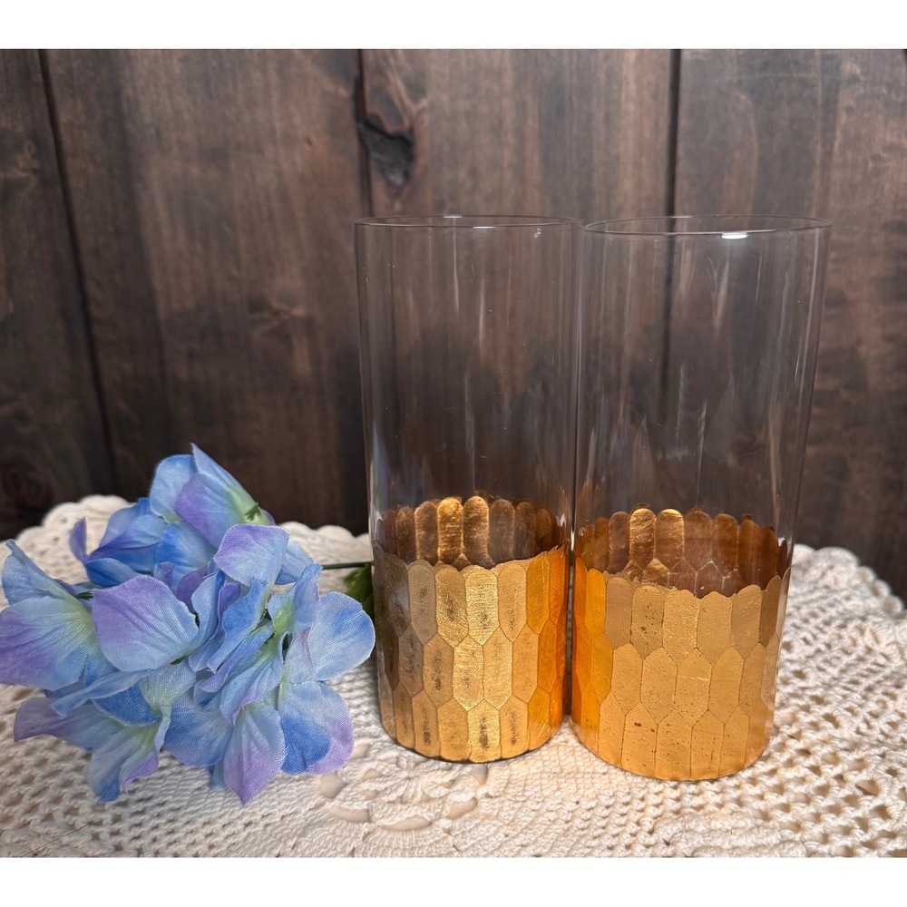 Gold Honeycomb‎ Highball Glasses Set of 2 Barware Drinkware Handwash Only